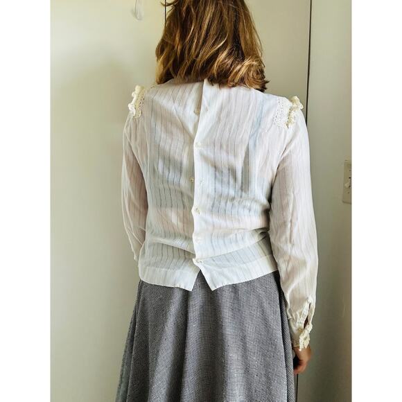 Vintage 80s Prairie Blouse Size Small Cream Crochet Collar/cuff Boho Cottagecore - Picture 8 of 9